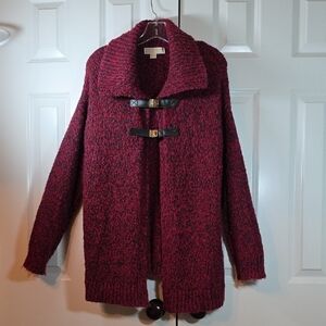 Michael Kors Leather Buckle Cardigan Sweatercoat Ruby Red Black Knit Size [M]